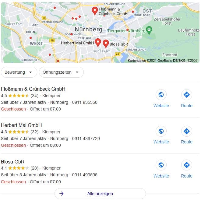 Beispiel einer lokalen Suchanfrage mit Google Maps